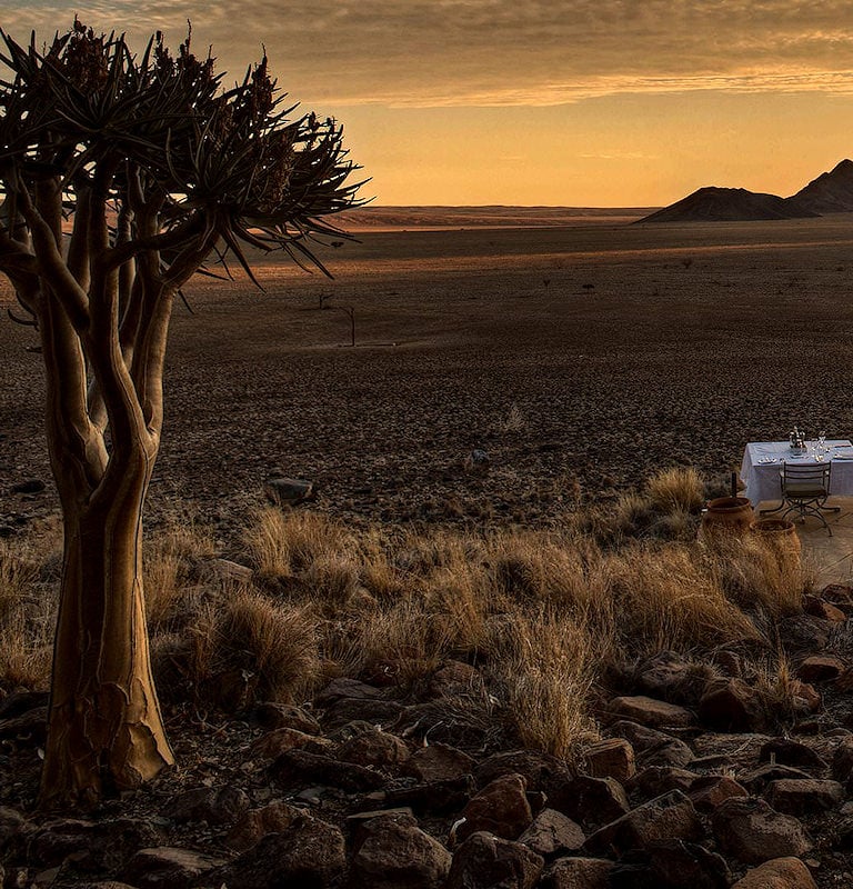 Quiver tree and dining table overlooking a desert in Namibia at sunset.