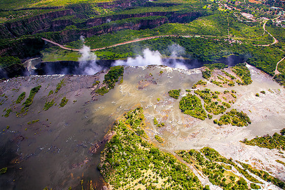 Aerial view of Victoria Falls and the Zambezi River gorge.