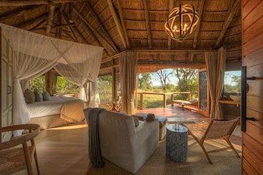 The interior of a plush suite at Camp Moremi in the Okavango Delta.
