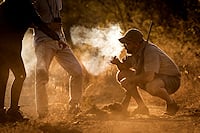 A safari guide crouching to show animal tracks on a path to guests during a bush walk.