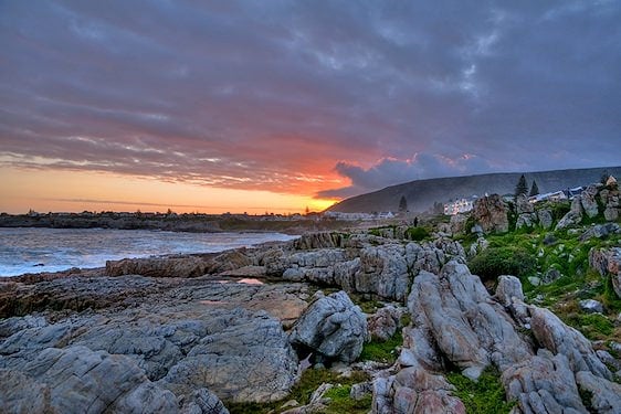 Dusk sky over the rocky coast near Hermanus on the Whale Coast.