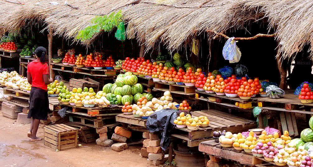 A colorful fruit vendor in Zambia.