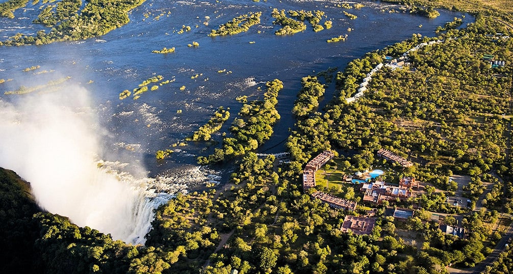 Aerial view of The Royal Livingstone and Victoria Falls in Zambia.