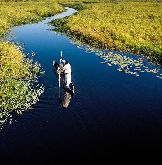 An aerial view of a guide poling a guest in a mokoro through a water channel in the Okavango Delta.