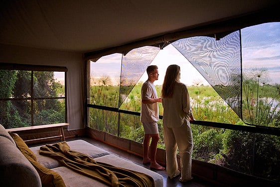 Guests looking out at papyrus reeds from inside a luxury tented suite in the Okavango Delta.