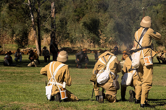 Actors dressed as British soldiers re-enact a war scenario near the Battlefields.