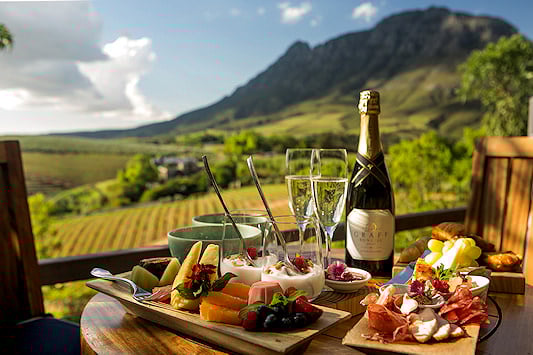 Food and wine on a table with a picturesque view of lush green vineyards in the background.