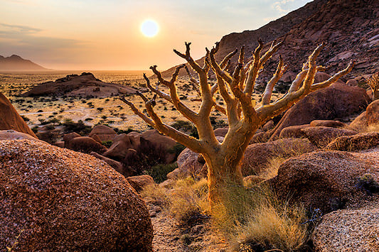 Rocky outcrops in Damaraland at sunset.