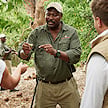 A safari guide explaining a plant specimen to guests on a walking safari.