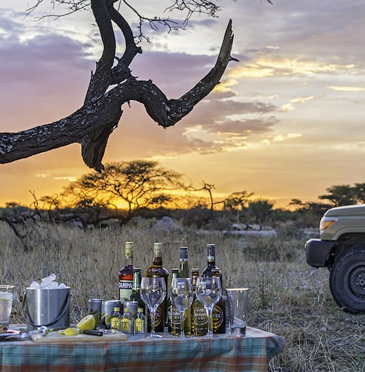 Drinks and snacks set out beside a game vehicle at sunset.