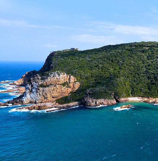 A green, forested headland surrounded by the ocean, Featherbed Nature Reserve.