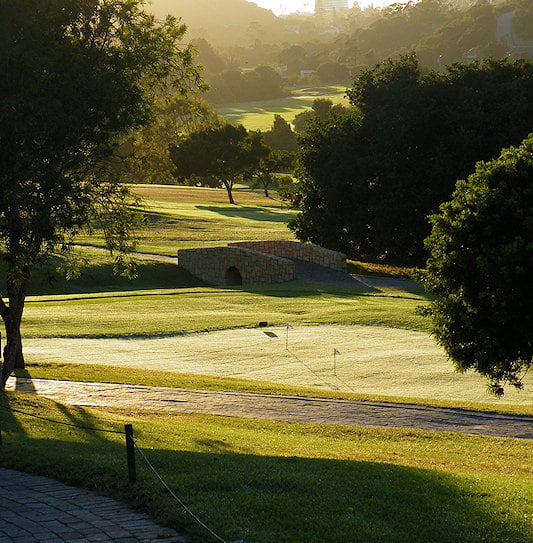 A small stone bridge spanning a pathway through rolling tree-lined slopes in the Garden Route.