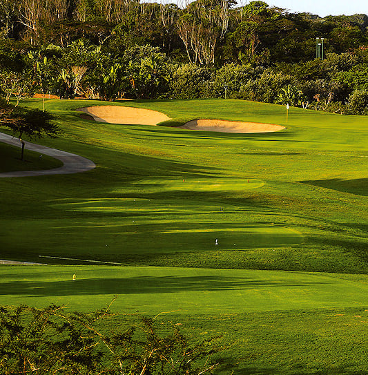 A paved path alongside sand bunkers encircled by coastal forest in Ballito.