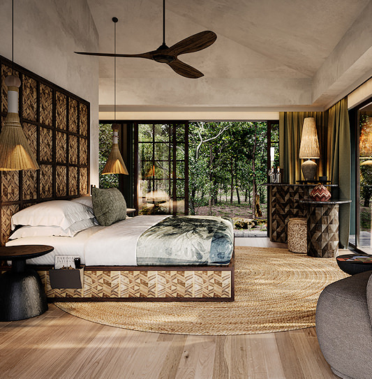 Suite with glass walls opening onto sand forest in KwaZulu-Natal.