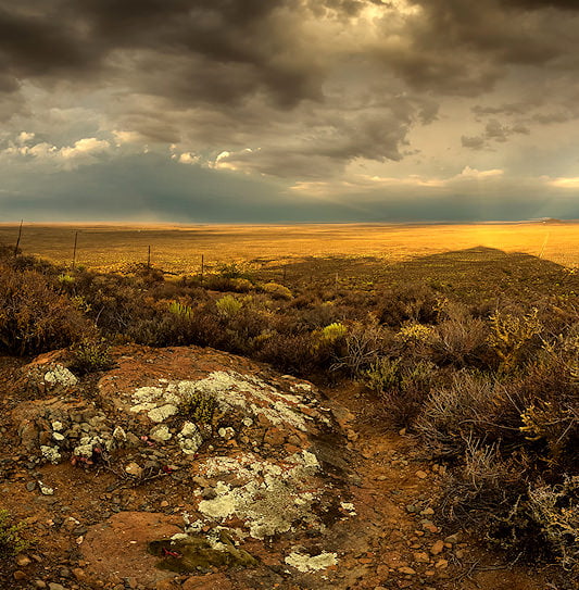 A panoramic view from a rocky ridge looking over flat desert plains of Tankwa Karoo National Park under a stormy sky.