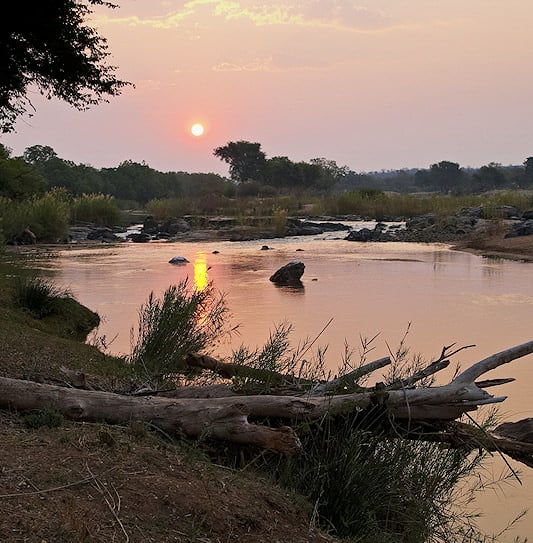 The sun setting over the Olifants River in Balule Nature Reserve, with a large fallen log on the bank in the foreground.