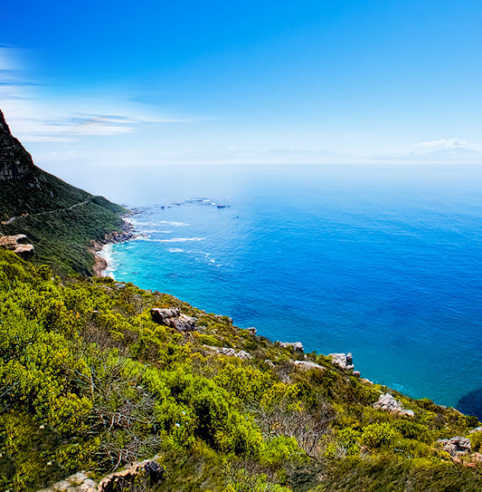 False Bay from Clarence Drive, with the Cape Peninsula on the horizon, South Africa.