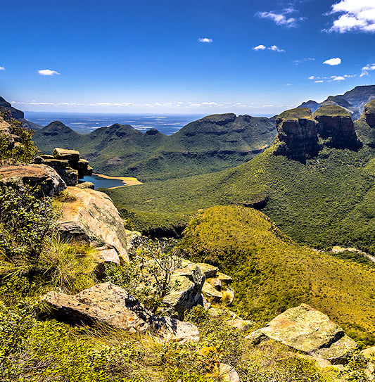 Three dome-shaped rock formations resembling traditional round huts at the Blyde River Canyon in Mpumalanga.