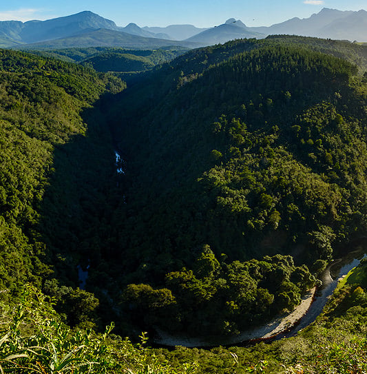 Map of Africa viewpoint where the Kaaimans River Gorge forms the shape of Africa in Wilderness, South Africa.