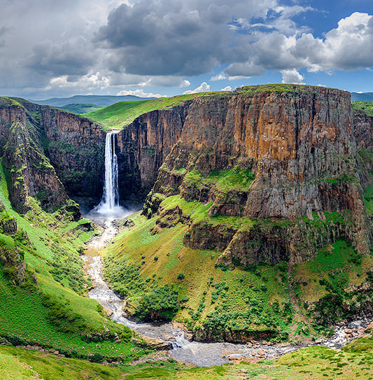 Maletsunyane Falls plunging into a gorge surrounded by rocky cliffs in Lesotho.