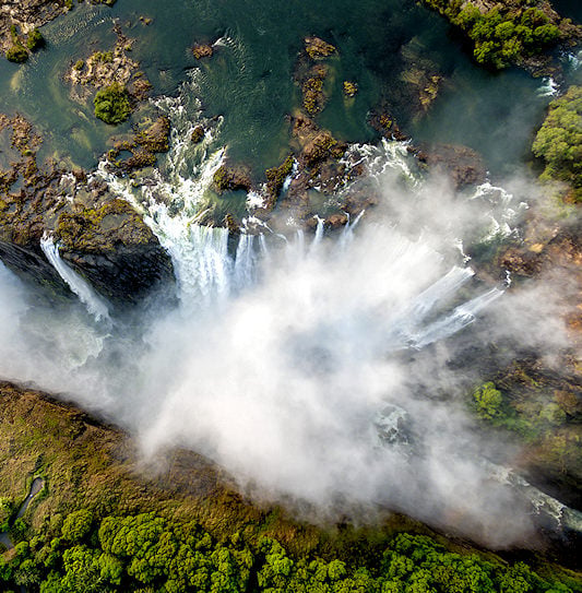 An aerial view of the edge of Victoria Falls, Zambia.