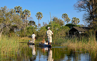 Mokoro's gliding over the read-lined channels of the Okavango Delta.