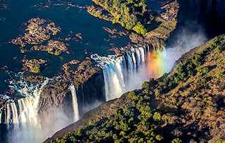 Rainbow over the Victoria Falls in southern Zambia.